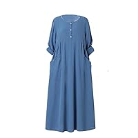 Women's Casual Loose Fitting Dress Long Sleeved Round Neck Pocket Party Large Cotton Linen Dress