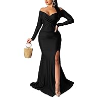 LKOUS Women Wedding Evening Party Dresses, Sexy Off Shoulder Split Floor Length Cocktail Long Maxi Dresses