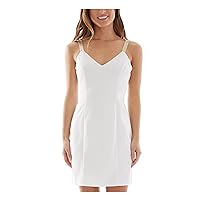 Womens White Low Back Darted Rhinestone-Straps Sleeveless V Neck Short Cocktail Sheath Dress Juniors S