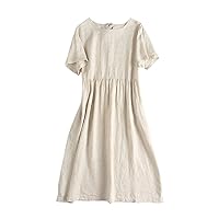 Summer Women Cotton Linen Dresses Vintage Short Sleeve Casual Loose Back Bandage Party Club Dress with Pockets