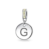 Engravable A-Z Monogram YELLOW Crystal Accent Bale Dangle Round Circle Disc Shaped Alphabet Initial Charm Bead For Women Teen .925 Sterling Silver European Bracelet Simulated Yellow Topaz Birthstone