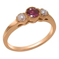 Solid 14k Rose Gold Natural Pink Tourmaline & Cultured Pearl Womens Trilogy Ring - Sizes 4 to 12 Available