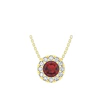 Mozambique Red Garnet in 14k Gold Halo Cluster Pendant Necklace Surrounded by 12 Sparkling Precious Round Diamonds (H-I Color I1 Clarity) on 18