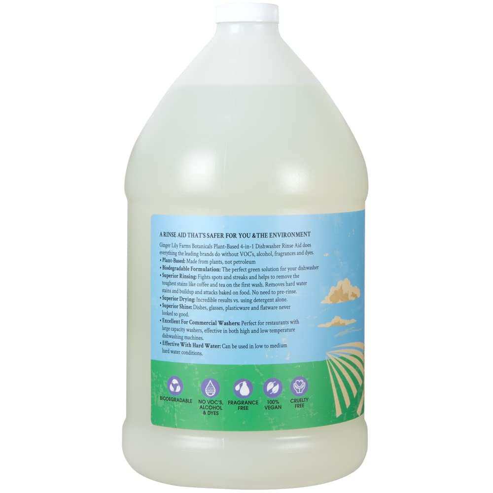 Ginger Lily Farms Botanicals Plant-Based 4-In-1 Dishwasher Rinse Aid, 100% Vegan & Cruelty-Free, Fragrance-Free, 1 Gallon (128 fl oz) Refill
