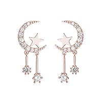Reffeer Solid 925 Sterling Silver Crescent Moon Star Earrings Studs for Women Teen Girls CZ Moon Studs Earrings Star Tassel Earrings