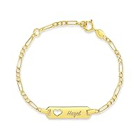 14k Yellow Gold Unisex Adjustable Girls Name ID Bracelet Engravable Heart Tag - Figaro Link Chain Rectangular Name Plate Bracelets for Babies & Children - Small Identification Bracelet 4.5