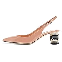 FSJ Women Pointed Toe Slingback Wedding Pumps Chunky Low Heel Rhinestone Sandals Crystal Dress Party Office Shoe with Buckle Size 4-15 M US
