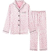 Schbbbta Girls & Women Satin Pajamas Set, 2 Piece Silky Pj Sets Nightwear Button-Down Sleepwear for Kid