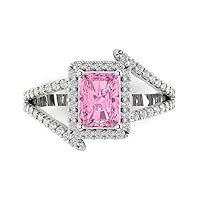 2.07ct Emerald Cut Solitaire with Accent Halo Criss Cross Pink Simulated Diamond designer Modern Ring 14k White Gold