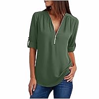 Women's V Neck Chiffon Blouse Half Zip up Tunic Shirts Casual Roll-Up Sleeve Tops Solid Color Loose Fit T-Shirt