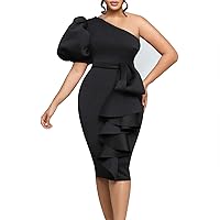 Semi Formal Plus Size Dresses for Women 2024 New Slanted Shoulder Puff Sleeve Hip Sexy Dress Plus Size Dress