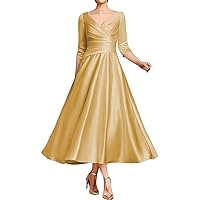 Mother of The Bride Dresses for Wedding Tea Length Satin Formal Dress Wedding Guest Evening Gowns with Sleeves