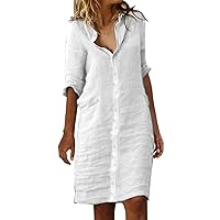 Women's 2023 Trendy Shirt Dress Lapel Button Down 3/4 Sleeve Knee Length Dress Summer Casual Linen Solid Beach Dresses
