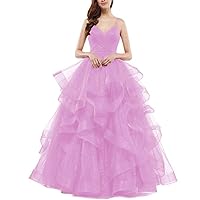 V Neck Tulle Prom Dresses Long Spaghetti Straps Ball Gown Tiered Glitter Formal Evening Dress