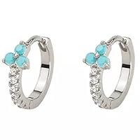 AT Jewellery - 925 Sterling Silver Flower Blue Turquoise Small CZ Cubic Zirconia Sleeper Huggie Hoop Earrings