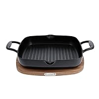 All-Clad Cast Iron Enameled Square Grill with Acacia Trivet 11 Inch Induction Oven Broiler Safe 650F Pots and Pans, Cookware Black