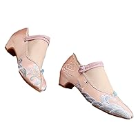 Embroidered Pointed Toe Women Pumps Ethnic Vintage Dress Shoe for Ladies Mid Heel Ankle Strap Shoe Pink 8