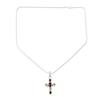 NOVICA Handmade Garnet Peridot Cross Multigem Necklace .925 Sterling Silver Jewelry Green Red Pendant India Birthstone 'Harmonious'