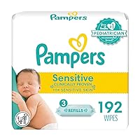 Pampers Sensitive Baby Wipes, Water Based, Hypoallergenic and Unscented, 3 Refill Packs (192 Wipes Total)
