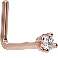 Body Candy Solid 14k Rose Gold 2mm Cubic Zirconia L Shaped Nose Stud Ring 20 Gauge 1/4