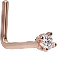 Body Candy 14k Rose Gold 2mm (0.030 cttw) Genuine Diamond L Shaped Nose Stud Ring 20 Gauge 1/4