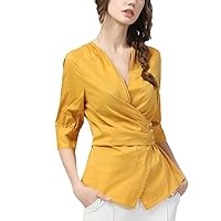 Spring Summer Women Yellow Shirt Crossed V-Neck Three Quarter Sleeve Single-Breasted Tops Office Ladies Blouses