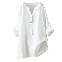 Summer Women Cotton Linen Tshirt Tops Casual 3/4 Roll Sleeve V Neck Tunic Tees Trendy Solid Flowy Button Blouses