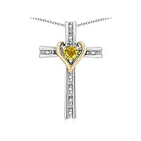 14k Yellow Gold Two Tone Love Cross with Heart Stone Pendant Necklace