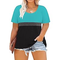 RITERA Plus Size Tops for Women Short Sleeve Shirts Color Block Crewneck Tshirt Casual Summer Tees Tunic Blouse Green Black 3XL 22W 24W