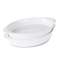 LEETOYI Porcelain 9x13 Large Oval Au Gratin Pans,Set of 2 Baking Dish Set for Servings, Bakeware with Double Handle for Kitchen and Home (White)