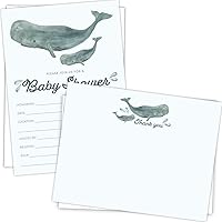 Whale Baby Shower Invitations and Matching Thank You Cards | 50 Sets / 100 Pcs Total