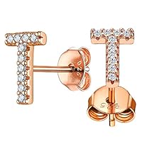 Hypoallergenic Initial Earrings Rose Gold Plated Dainty Minimalist Jewelry Cubic Zirconia Alphabet A-Z Letter Stud Earrings for Women Girls Sensitive Ears, Letter T