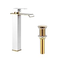 Bathroom Vessel Sink Faucet White Gold Waterfall Single Handle One Hole Bowl Sink Faucet Vanity Lavatory Faucets Bath Pop Up Drain Stopper Without Overflow Gold Drain Assembly
