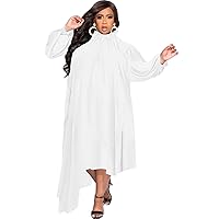 Women's Casual Plain Simple T-Shirt Loose Scoop Neck Long Sleeve Dress Irregular Dresses Belted Swing Skirt White