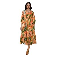 Janasya Multicolor Cotton Floral Tiered Dress