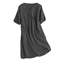 Minibee Women's Summer T Shirt Dress V Neck Linen Casual Tunic Short Sleeve Boho Flowy Sun Dresses