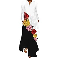 Women's Casual V-Neck Printed Long Sleeve Pocket Dress Long Dress