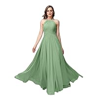 Chiffon Bridesmaid Dresses a-line Sleevelss Floor Length Halter Formal Party Dress with Ruched