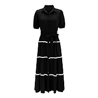 2024 Women's Summer Button Down Shirt Dress Casual Short Puffy Sleeve Tiered Ruffle Flowy Long Maxi Dresses with Belt Plus Size Dresses for Curvy Women (B1-Black,XX-Large)