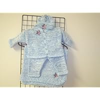 Knitted Blue Chenille Denim Cotton Cardigan Pant Hat Set Blanket 0-6 Mo