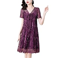 Women's Summer Embroidery Floral Sequins Midi Dress Mesh Sheer Vintage Ruffled Dresses
