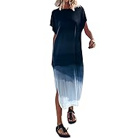 Summer Dresses for Women 2024 Women's Maxi Dress Batwing Sleeve Crewneck Casual Loose Slit Side Long Beach