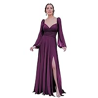Long Sleeves Bridesmaid Dresses for Women A Line Chiffon Formal Evening Dress with Slit YK937