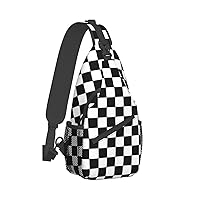 Black And White Checkered Print Crossbody Backpack Shoulder Bag Cross Chest Bag For Travel, Hiking Gym Tactical Use