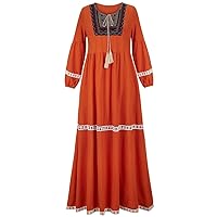 Ethnic Style Retro Embroidery Ladies Dress Stitching Long Cotton Linen Long-Sleeved Large Size Loose Skirt