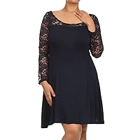 Sheer Lace Sleeve Stretch Rayon Flare Dress Scoop Neck Junior Plus Size