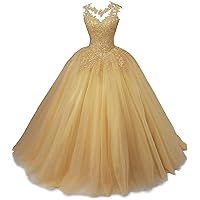Women's Sleeveless Beaded Lace Quinceanera Dresses Sweet 16 Puffy Tulle Prom Ball Gown