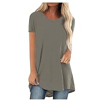 Womens Summer Tops Crewneck Trendy Short Sleeve Tees Casual Solid T-Shirt Plus Size Tunic Basic Loose Soft Tops