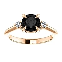 Three Stone Black Onyx 1 CT Round Ring, Minimalist Round Shape Black Diamond Ring, Dainty Tear Drop Black Diamond Engagement Ring, 10K Rose Gold Ring, Perfact for Gifts or As You Want