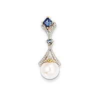 14k Yellow Gold Polished Diamond Freshwater Cultured Pearl Created Sapphire Pendant Necklace Measures 28x10mm Wide Jewelry for Women